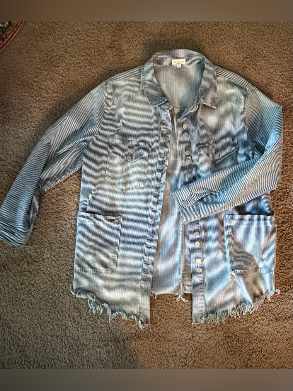 Westbound Blue & White Striped Denim Women's XL Distressed Raw Hem Denim
Jacket